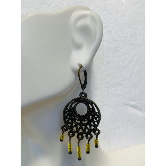 Vintage Yellow Seed Bead Copper Tone Drop Dangle Pierced Chandelier Earrings - Picture 8 of 8
